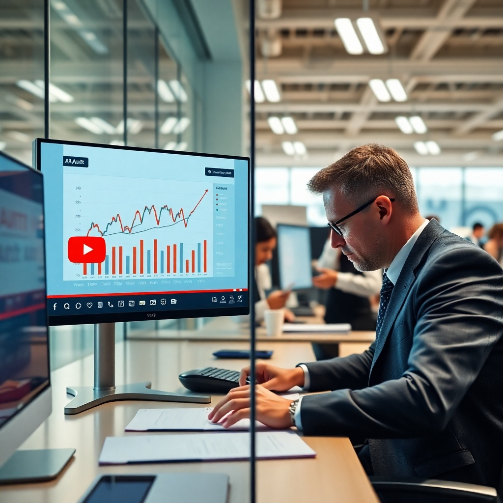 A photorealistic image depicting a split-screen: one side showing an AAA Audit YouTube video displaying a complex financial chart, the other side showing a professional auditor working on a similar chart in a busy office environment.  The image should highlight the connection between the educational content and its practical application. High resolution, detailed textures, realistic lighting.
