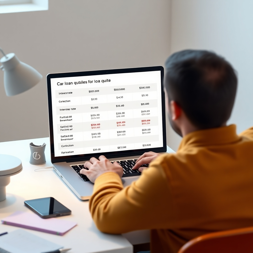 A photorealistic image depicting a person sitting at a desk reviewing multiple car loan quotes on a laptop. The laptop screen displays different interest rates and terms, highlighting the savings and value comparison. The image should feel organized, helpful, and financially savvy. High resolution, realistic, and clean background.