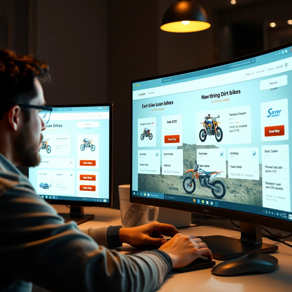 A photorealistic image depicting a person sitting at a computer screen, comparing different loan options for a dirt bike on various websites. The image should show the person researching and comparing different offers to find the best deal.