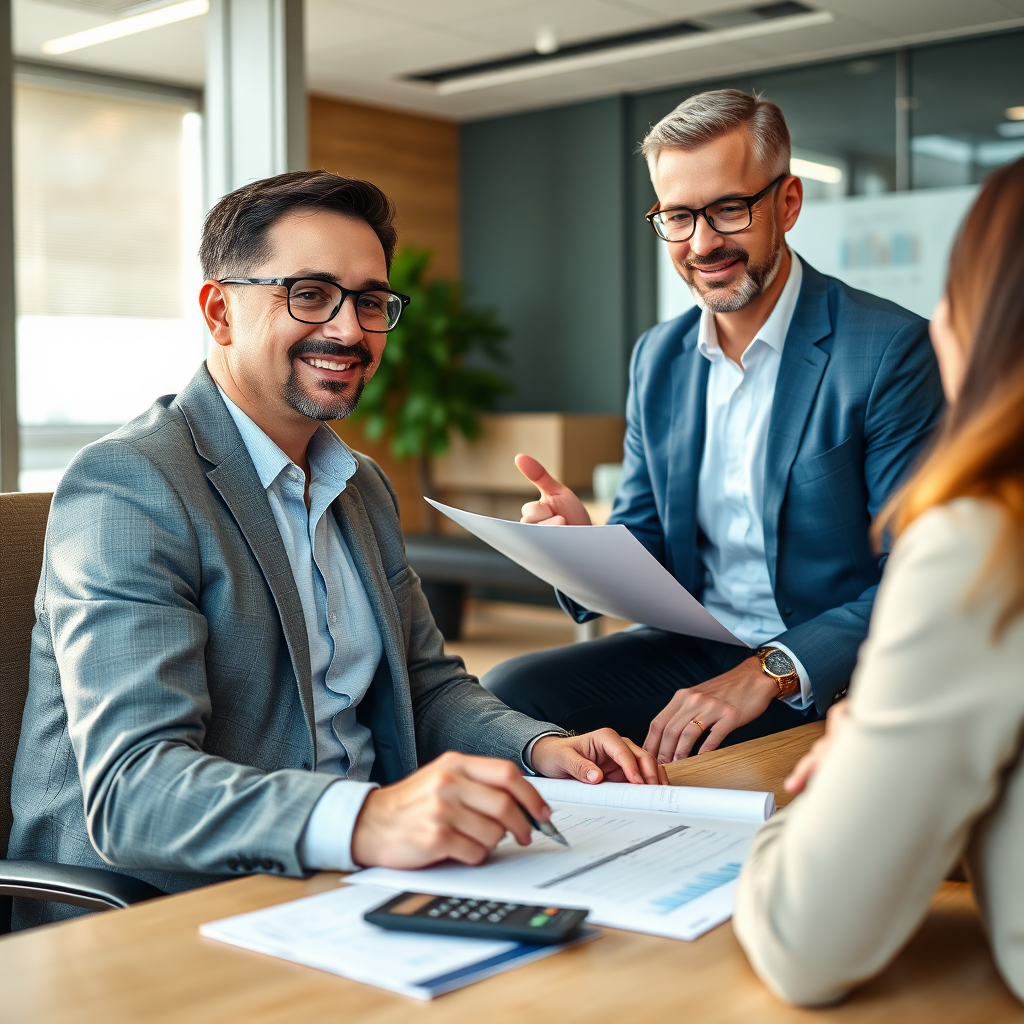 A client and advisor reviewing financial documents in a modern office.