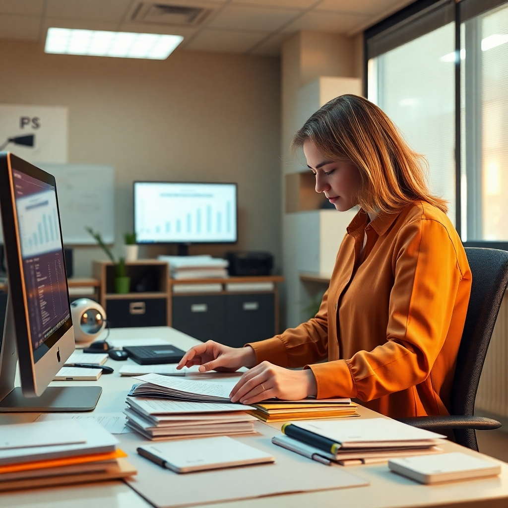 A photorealistic image depicting a clean, organized office space with a person meticulously filing physical and digital financial records.  Use warm lighting to create a sense of order and efficiency. Include elements like labelled folders, organized spreadsheets on a computer screen, and a digital filing system.