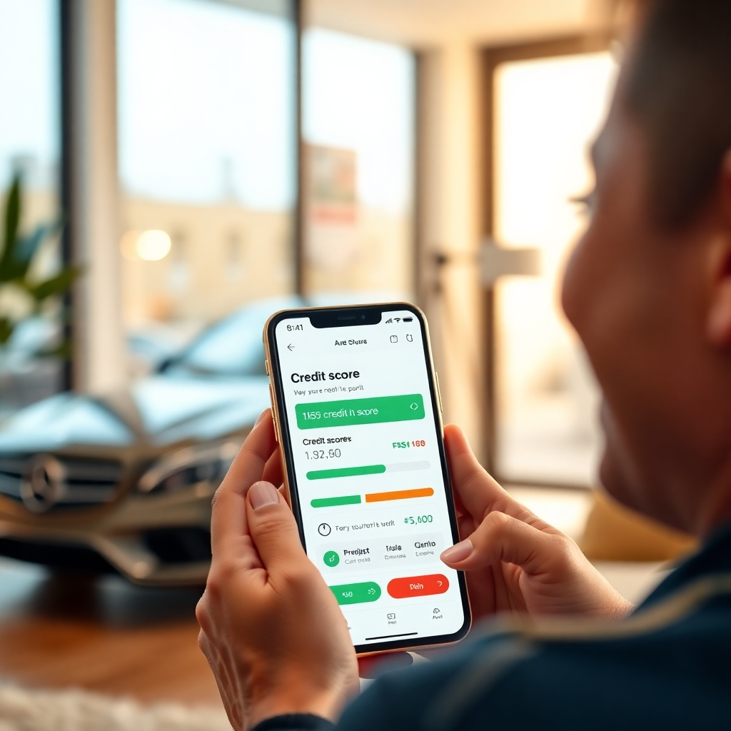 A photorealistic image depicting a person looking at their credit score report on their phone, with a happy, satisfied expression on their face. The phone screen should show a high credit score and positive feedback. The background should be a brightly lit modern living room, with a car subtly visible in the background through a window.