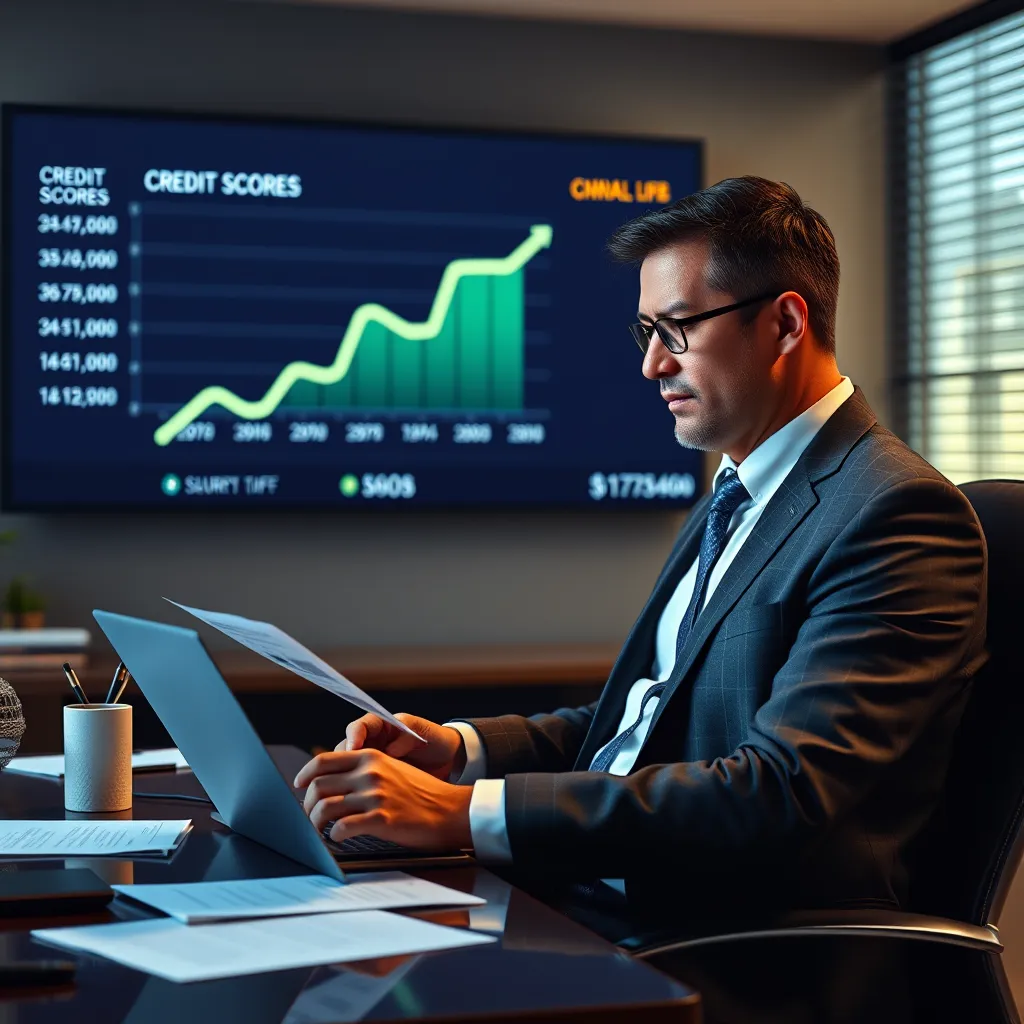 A photorealistic image depicting a business owner, dressed in a suit, sitting at a desk with a laptop, reviewing financial documents.  Behind the owner is a wall display showing a graph of upward trending credit scores.