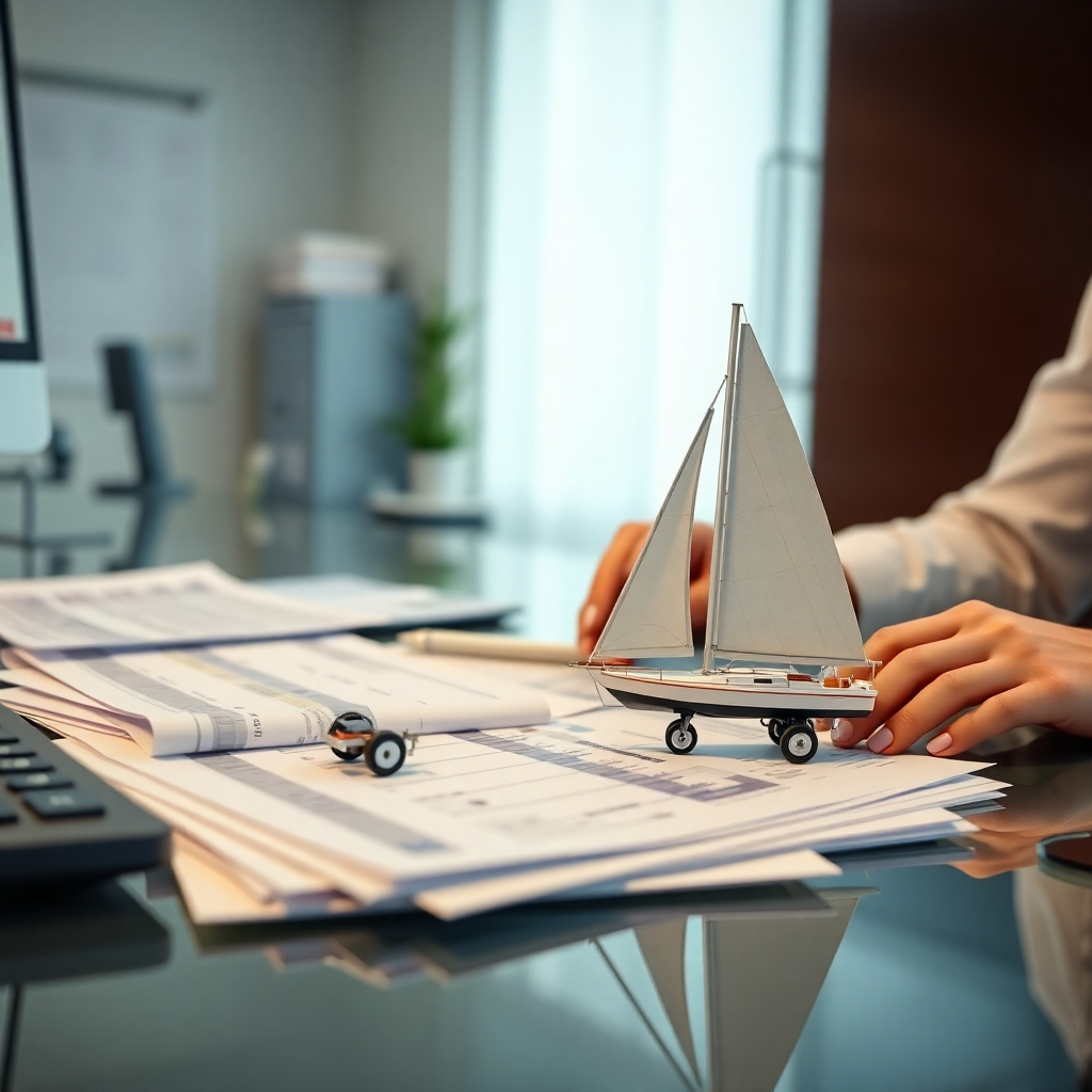 A photorealistic image depicting a person meticulously organizing financial documents, including bank statements, pay stubs, and credit reports, on a desk. A small, detailed model of a trailer sailer should be prominently displayed next to the paperwork.  The background should be a clean, well-lit office space, suggesting careful preparation and financial responsibility.