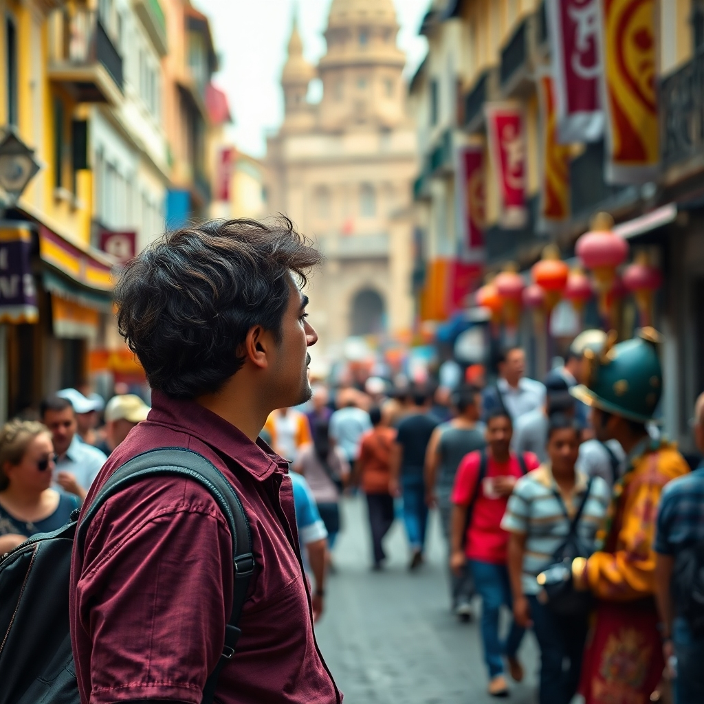 A photorealistic image depicting a bustling street scene in a foreign country, with a focus on a single individual, Robert, appearing lost in thought while observing a street performer. The background should be vibrant and detailed, showing the diversity of the crowd and the city's architecture, suggesting a sense of wonder and discovery. The image should be sharp and rich in detail, with realistic light and shadow.