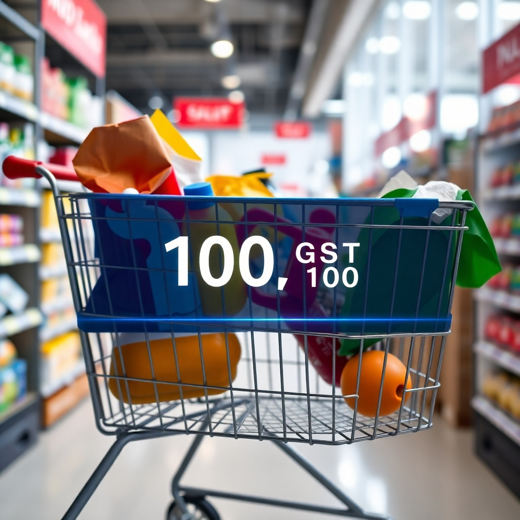 A photorealistic image depicting a shopping cart filled with various goods, with a digital overlay showing a 10% GST calculation on the total cost. The background should be a modern Australian retail setting, bright and well-lit, emphasizing the everyday application of GST.