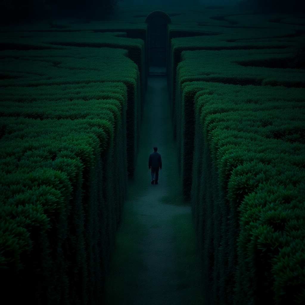 A photorealistic image depicting a person walking through a dense, overgrown garden maze.  The path is winding and unclear, with tall hedges obscuring the way ahead. The person should be small in the frame, highlighting the vastness of the maze. The lighting should be moody and slightly mysterious, creating a sense of intrigue and challenge.  The overall style should be somewhat surreal.