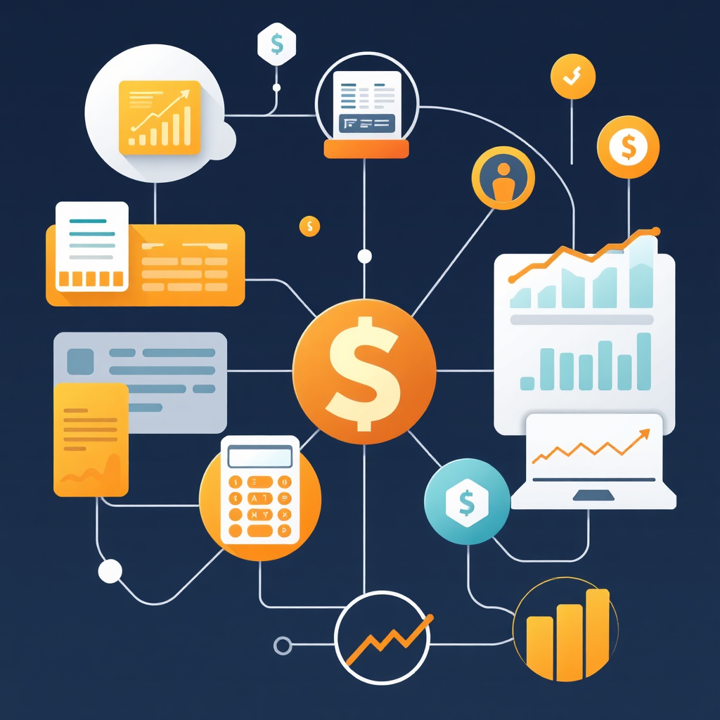 A photorealistic image depicting a complete financial ecosystem, with various elements like ledgers, calculators, and graphs interconnected. The style should be clean and modern, with a focus on connectivity.