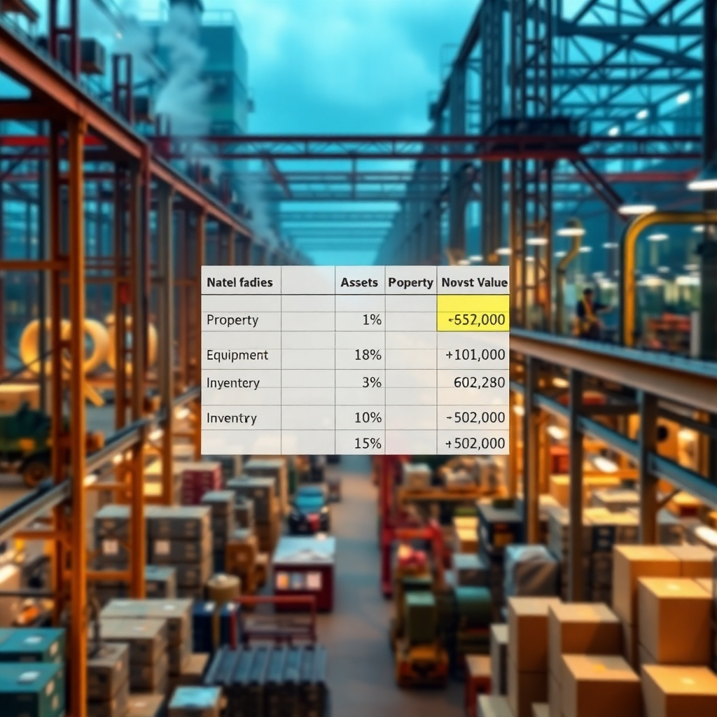 A photorealistic image depicting a spreadsheet detailing assets (property, equipment, inventory) with a final net asset value clearly highlighted, overlaid on a stylized image of a bustling factory or office building, suggesting tangible assets contributing to business valuation.