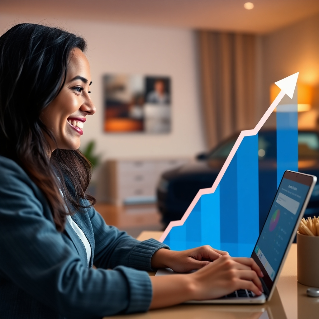 A photorealistic image depicting a graph with an upward trend representing a rising credit score.  In the foreground, a person is shown smiling confidently, using a laptop to check their credit report online.  The background should feature subtle elements indicating financial success, like a modern apartment or a nice car, suggesting the benefits of a good credit score.