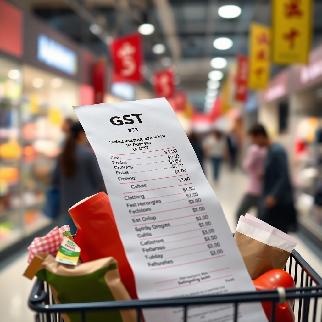 A photorealistic image depicting a shopping receipt showing GST clearly itemized, alongside various products like groceries, clothing, and electronics, subtly suggesting the wide range of goods and services subject to GST in Australia.  The background should be a subtly blurred image of a bustling shopping center.