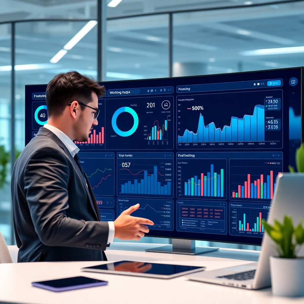 A photorealistic image depicting a futuristic dashboard with interactive graphs and charts showcasing financial data.  The visuals should be clear, concise, and visually engaging, highlighting key performance indicators (KPIs).  The setting should be a modern, tech-savvy office with a professional looking person interacting with the dashboard.