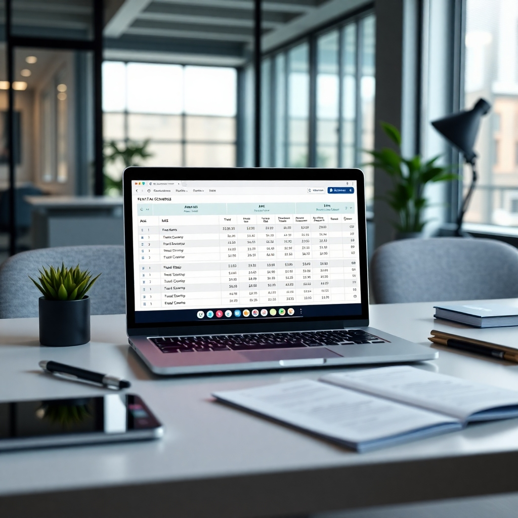 A photorealistic image depicting a modern office workspace with a laptop displaying a tax accounting software interface, showing key Australian tax forms like BAS and PAYG summaries.  The scene should be professional and modern, emphasizing efficiency and technology in tax management.  The image should have a subtle, calming color palette.