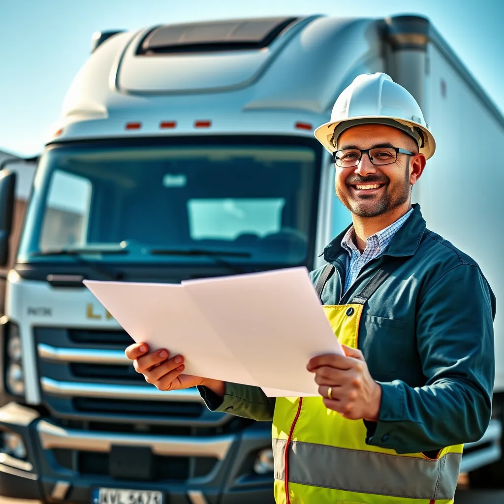 A photorealistic image depicting a business owner, wearing a hardhat, standing in front of a new, shiny delivery truck.  Behind the owner is a loan officer, smiling and extending a document towards the owner.