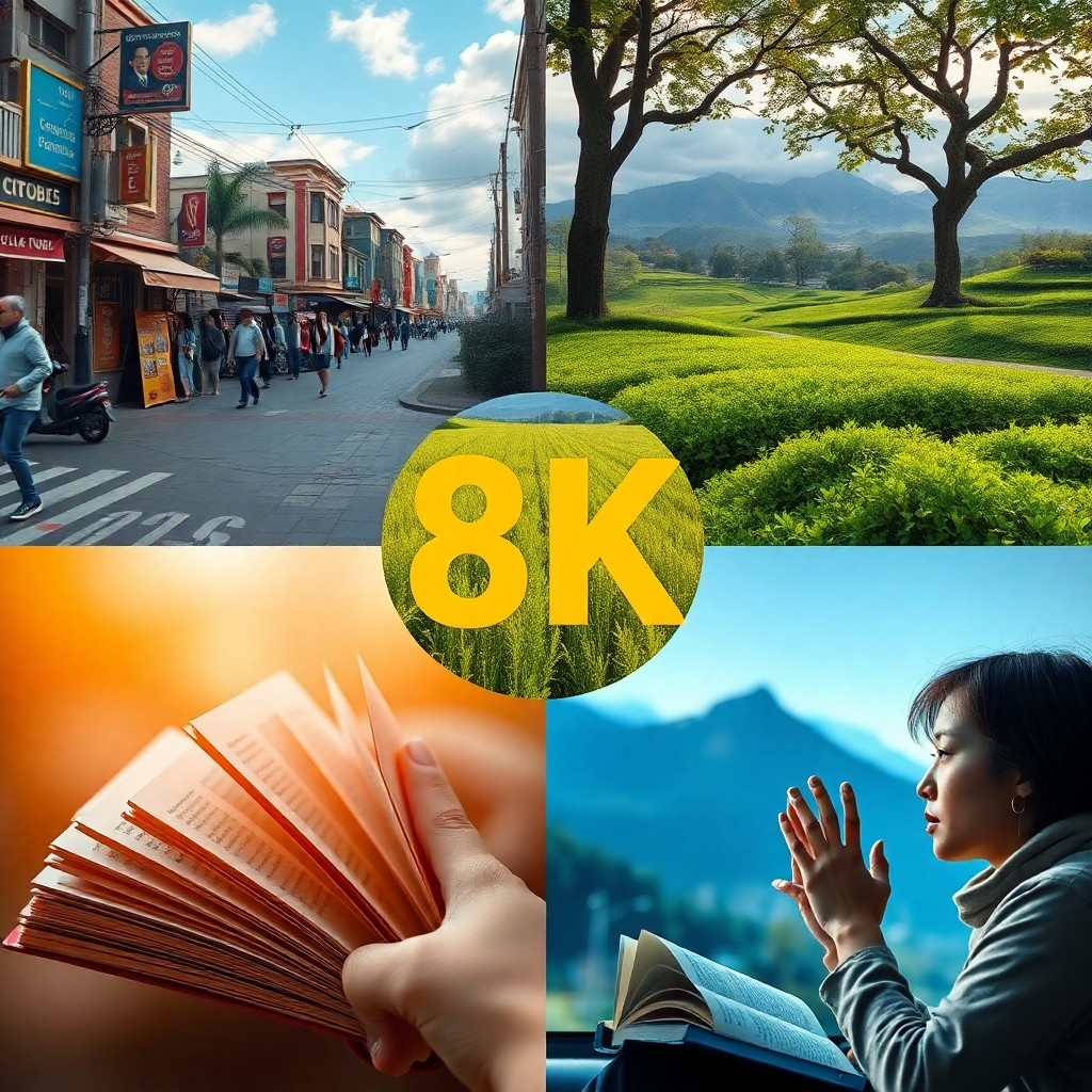 A photorealistic image depicting a collage of diverse scenes: a bustling city street, a serene natural landscape, a close-up of a book, and a person engaging in a thoughtful activity. Each scene is distinct but seamlessly integrated, symbolizing the variety of topics covered.