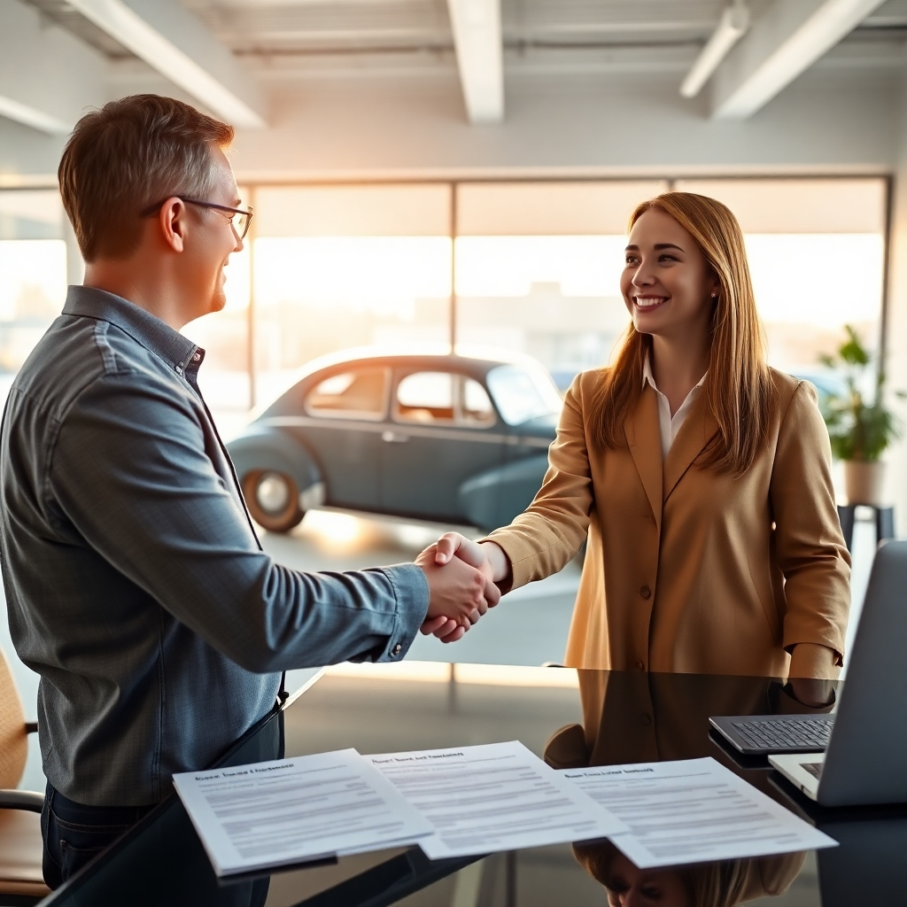 A photorealistic image depicting a person shaking hands with a friendly loan officer in a modern, well-lit office. In the background, a classic car is partially visible through a large window, with paperwork showing different loan terms subtly visible on the desk. The image should project trust and flexibility.