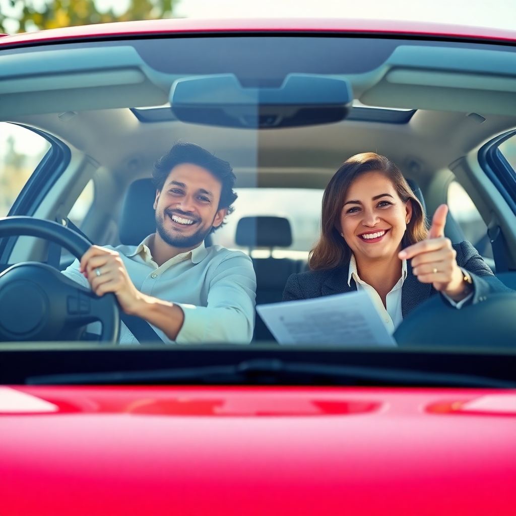 A photorealistic image displaying a split screen. One side shows a person happily driving a new car, representing a secured loan; the other side shows a person confidently signing loan documents, representing an unsecured loan.  The image should be bright and optimistic, highlighting the positive outcomes of choosing the right car loan type, emphasizing the different features of each.