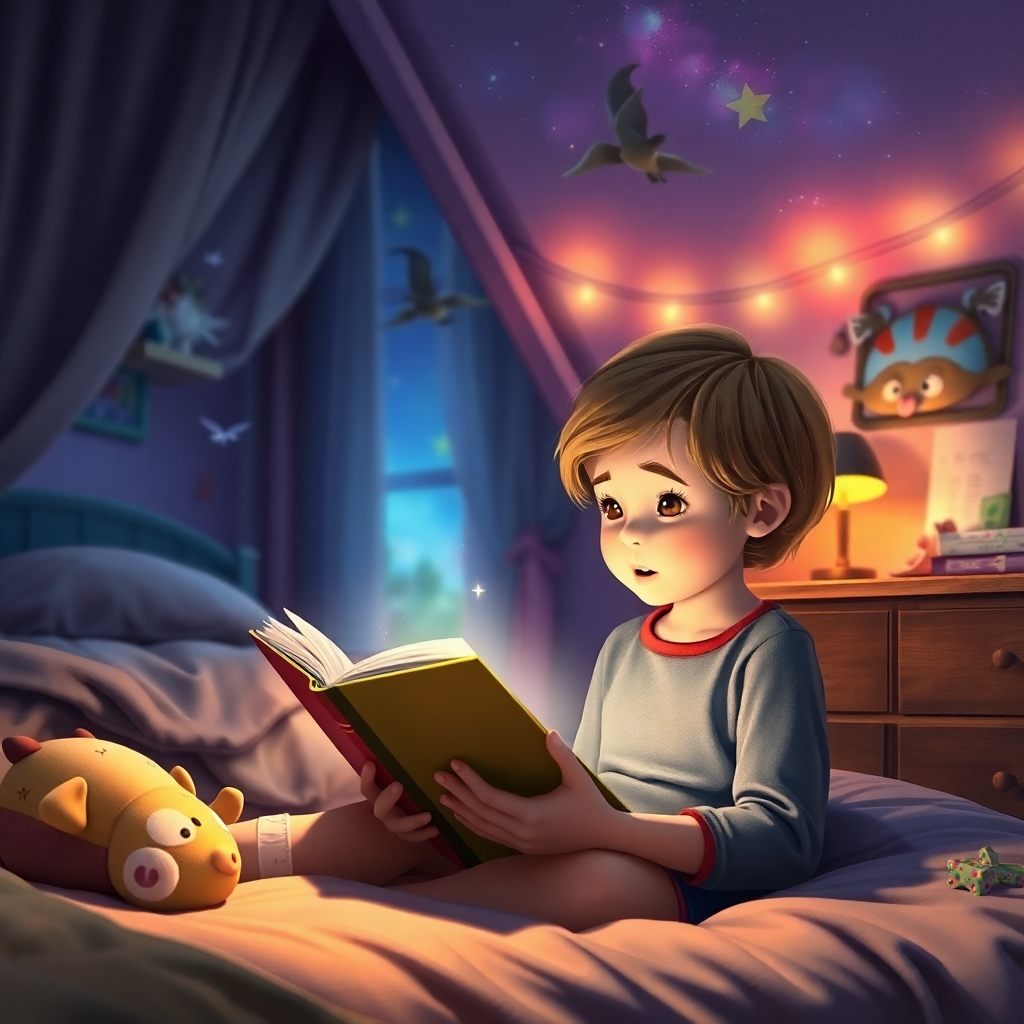 A photorealistic image featuring a child's bedroom subtly transformed into a magical world from one of Craig Bosward's stories. Soft lighting and whimsical details like glowing stars or fantastical creatures enhance the scene. The child is reading the book, their face lit with wonder and imagination.