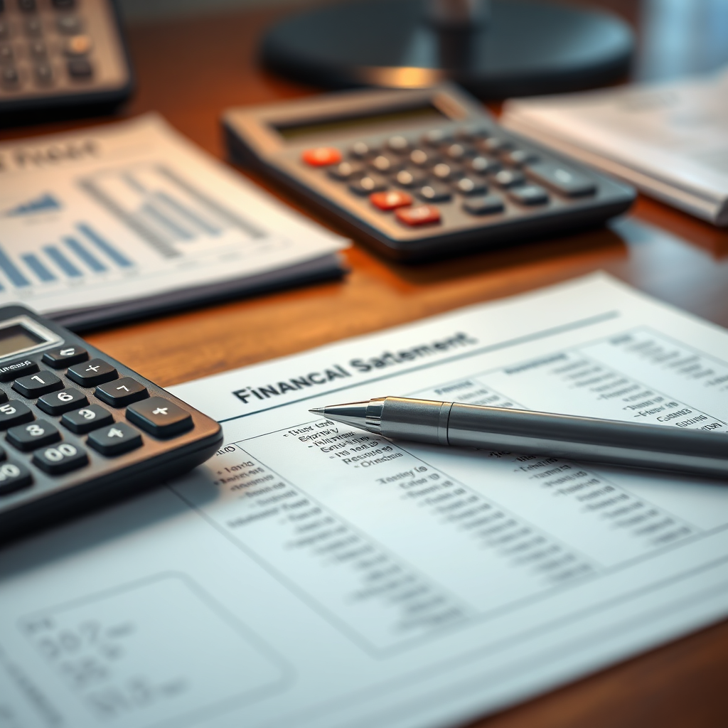 A photorealistic image featuring a well-organized desk with financial statements, a calculator, and a pen resting on top. The lighting should be professional and highlight the details of the documents.