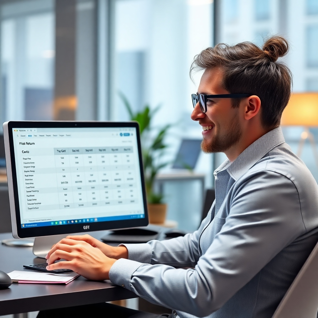 A photorealistic image of a business owner confidently using accounting software to file their GST return. The software should clearly display GST-related information, such as tax rates and payment schedules. The background should depict a modern Australian office environment.