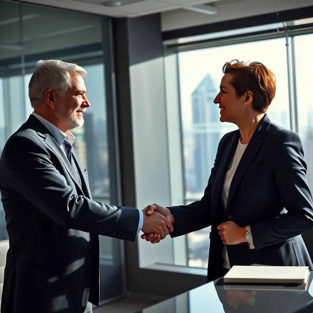 A photorealistic image of a businessman and a loan officer shaking hands in a modern office setting. The image should convey a sense of trust, confidence, and professionalism. The background should be a professional office with a window overlooking a bustling cityscape. The lighting should be bright and natural, highlighting the details of the scene.