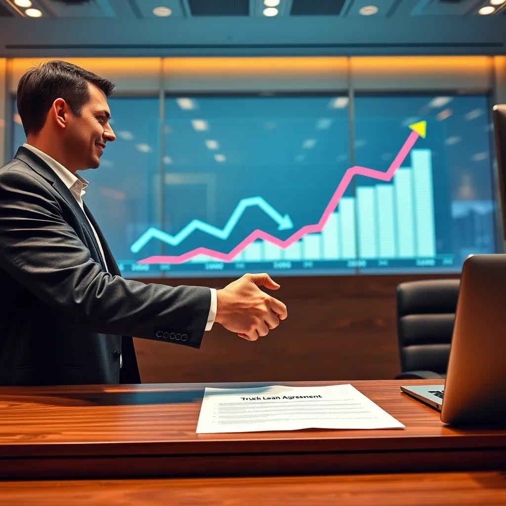 A photorealistic image of a businessman in a suit shaking hands with a bank loan officer in a modern bank office. In the background, there is a large digital display showing a graph of increasing financial success. On the businessman's desk, there is a document labeled 'Truck Loan Agreement'