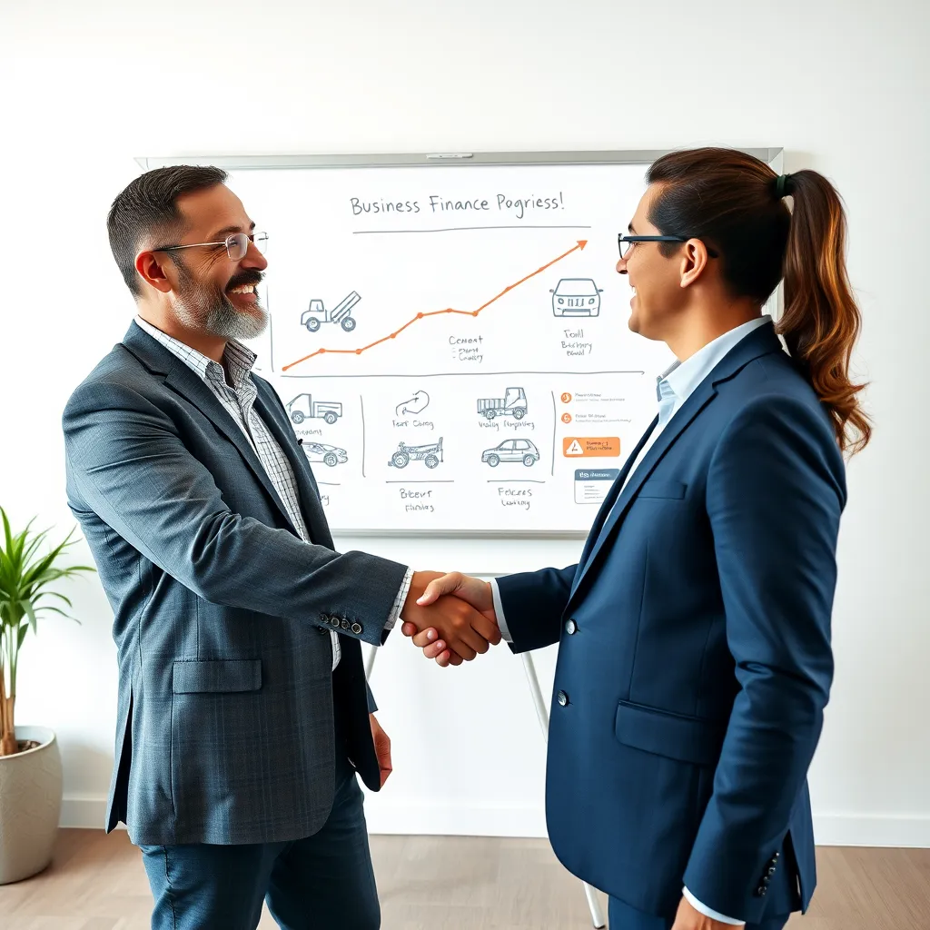 A photorealistic image of a business owner shaking hands with a finance broker in a modern office setting. In the background, a whiteboard shows a diagram of a business growth strategy, with assets like machinery and vehicles highlighted.