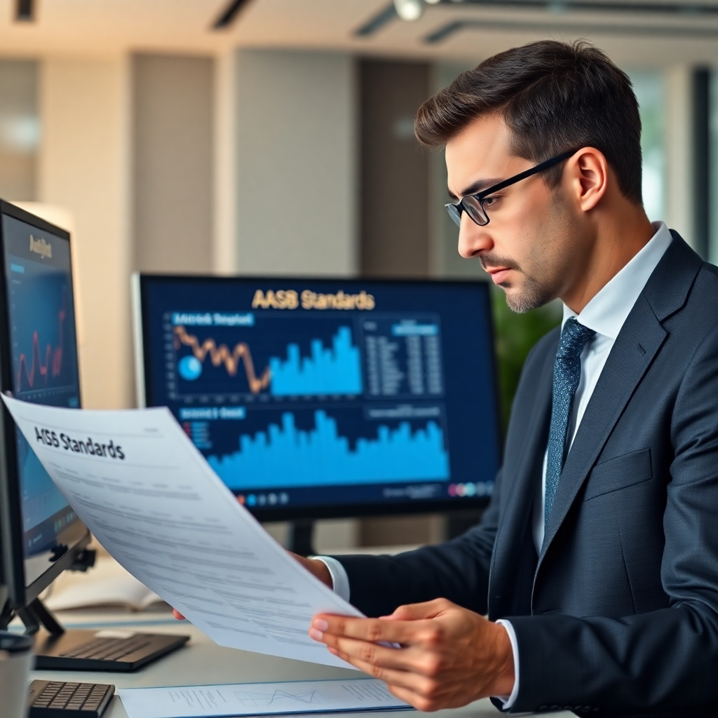 A photorealistic image of a business professional reviewing a document titled 'AASB Standards' with graphs and financial data displayed on a nearby computer screen. The setting should be a modern, well-lit office.
