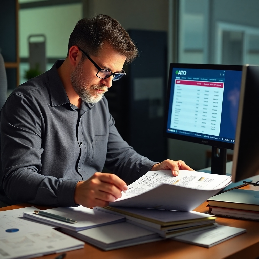 A photorealistic image of a business owner meticulously reviewing financial documents, with a computer screen displaying the Australian Taxation Office (ATO) website showing GST information. The scene should be brightly lit, conveying accuracy and attention to detail. Include relevant paperwork like invoices and receipts.
