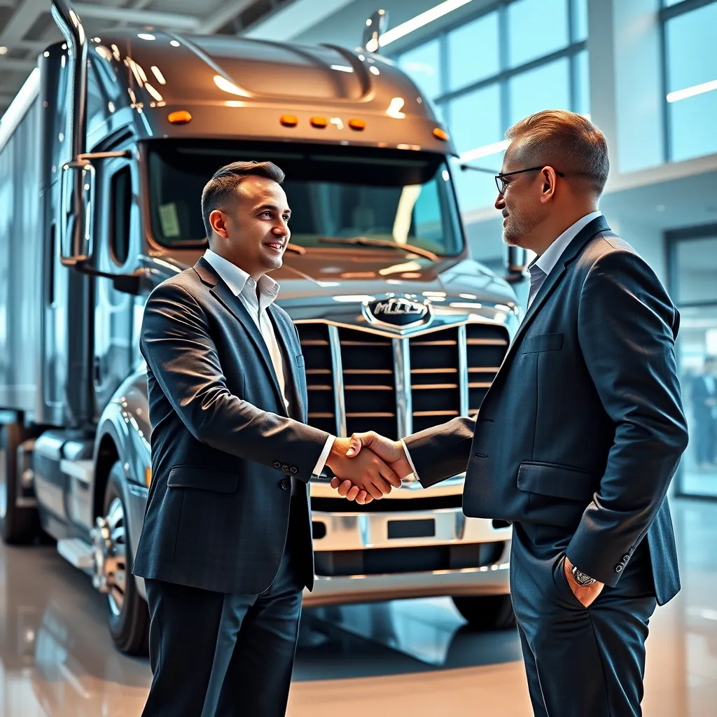 A photorealistic image of a businessman shaking hands with a loan officer in front of a gleaming new semi-truck. The background should be a modern, professional office environment.