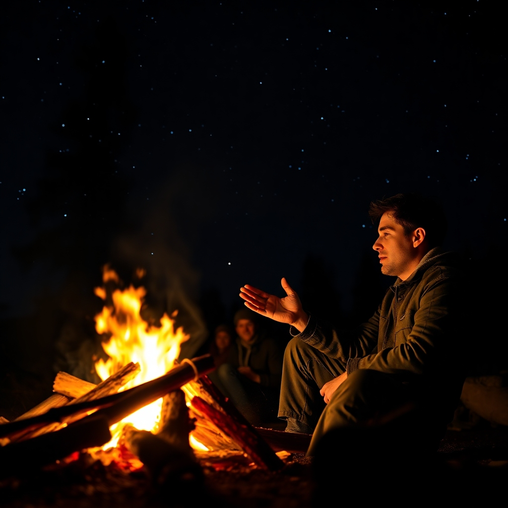 A photorealistic image of a campfire at night under a starry sky. A person is sitting beside it, casually gesturing as if telling a story to unseen listeners. The flames illuminate their face, creating a warm, intimate, and captivating scene.