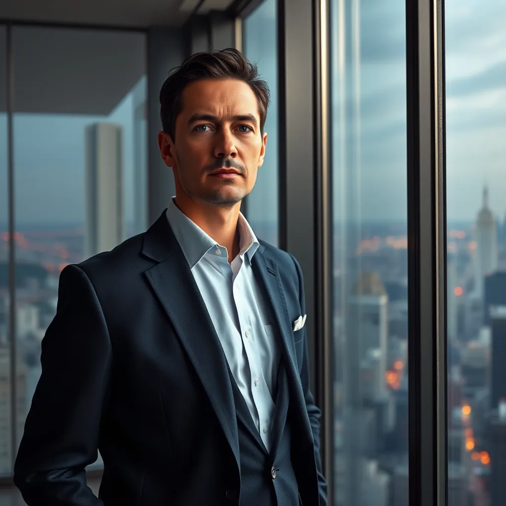A photorealistic image of a CEO, dressed in a sharp suit, confidently standing beside a large window overlooking a bustling city skyline.  The CEO has a determined look in their eyes, demonstrating focus and ambition.  The cityscape represents the vast scope and challenges of their leadership role.  The lighting should be soft and diffused, creating a sense of calm confidence.  The overall mood should be one of empowerment, clarity, and unwavering resolve.  Render the image in 8K resolution with a captivating color palette that reflects ambition, success, and forward momentum.