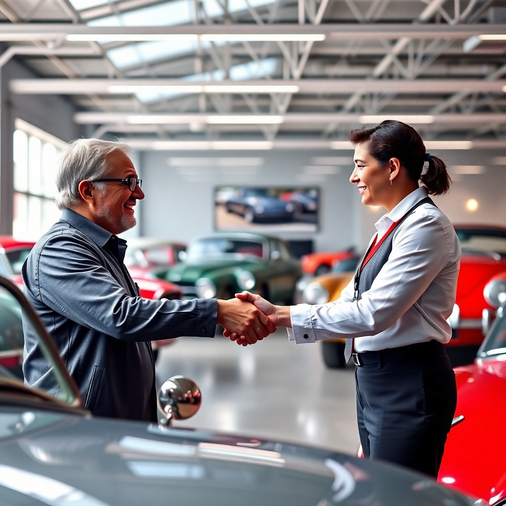 A photorealistic image of a classic car enthusiast shaking hands with a friendly loan officer in a modern, well-lit office. The background should subtly feature classic cars. The image should evoke trust and reliability.