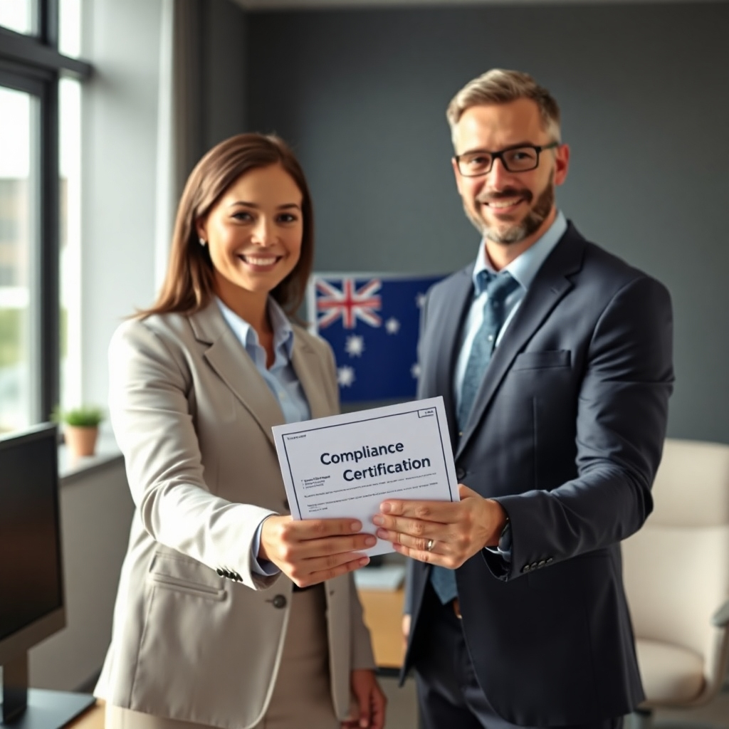 A photorealistic image of a confident accountant handing a client a document marked 'Compliance Certificate'. The setting should be a professional office, with a subtle Australian flag visible in the background, emphasizing the context of Australian business regulations.