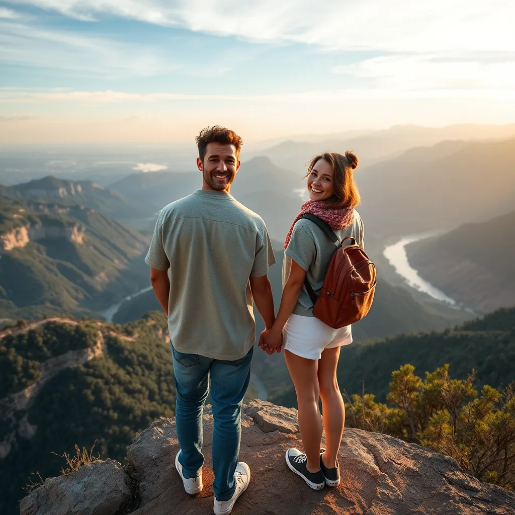 A photorealistic image of a couple standing at a scenic viewpoint, overlooking a breathtaking landscape. They are holding hands and smiling, looking confident and relaxed. The image should convey a sense of security and contentment, symbolizing the freedom and joy that comes from having the financial resources to travel.