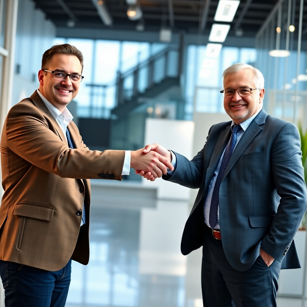 A photorealistic image of a confident, friendly auditor shaking hands with a client in a brightly lit, modern office. Both individuals should appear professional and approachable, conveying trust and collaboration. The background should subtly suggest a successful business environment.
