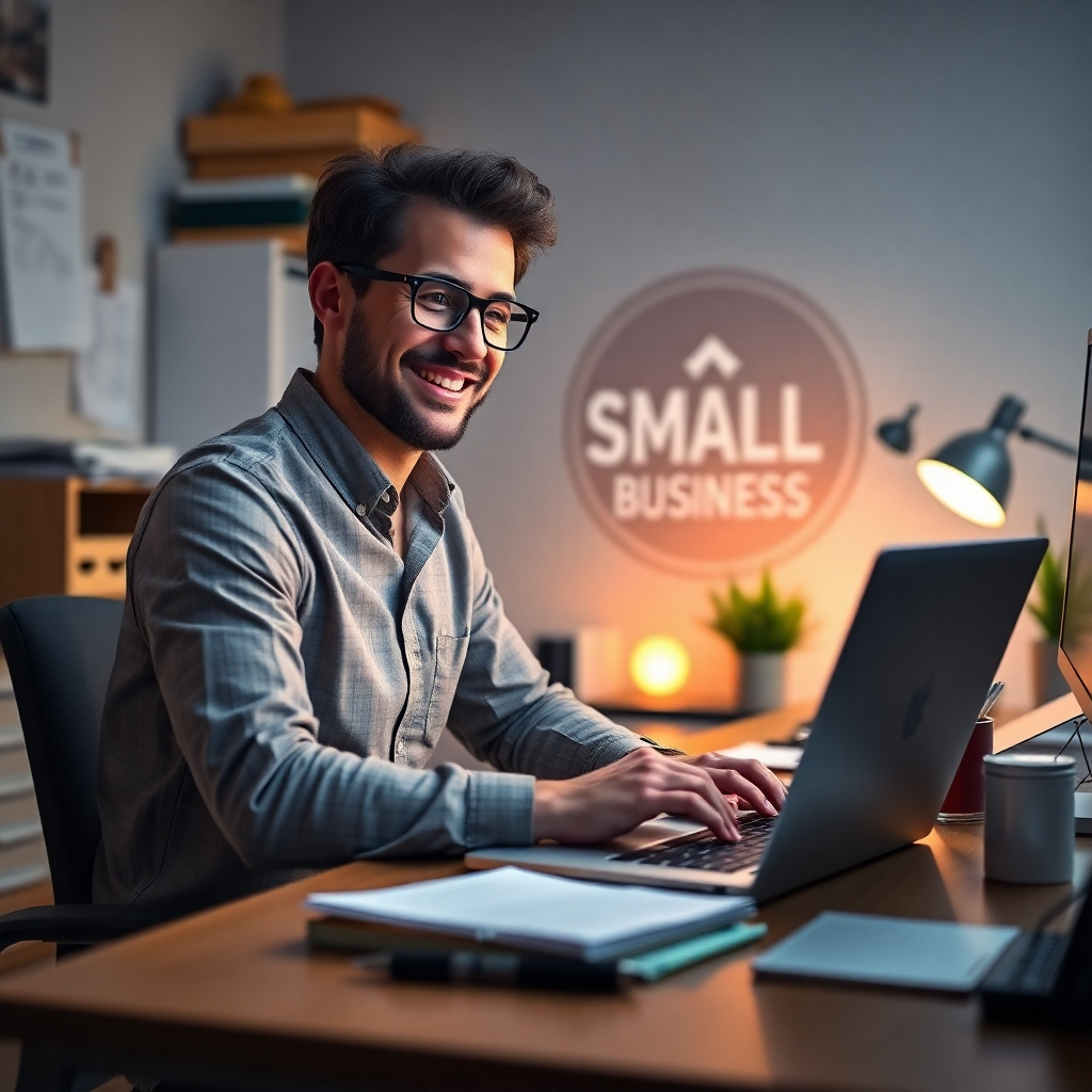 A photorealistic image of a confident, smiling individual working at a laptop in a home office, surrounded by paperwork and small business tools, with a subtle logo representing a small business in the background. The overall mood should be one of independence and self-reliance. High resolution, detailed, and sharp focus.
