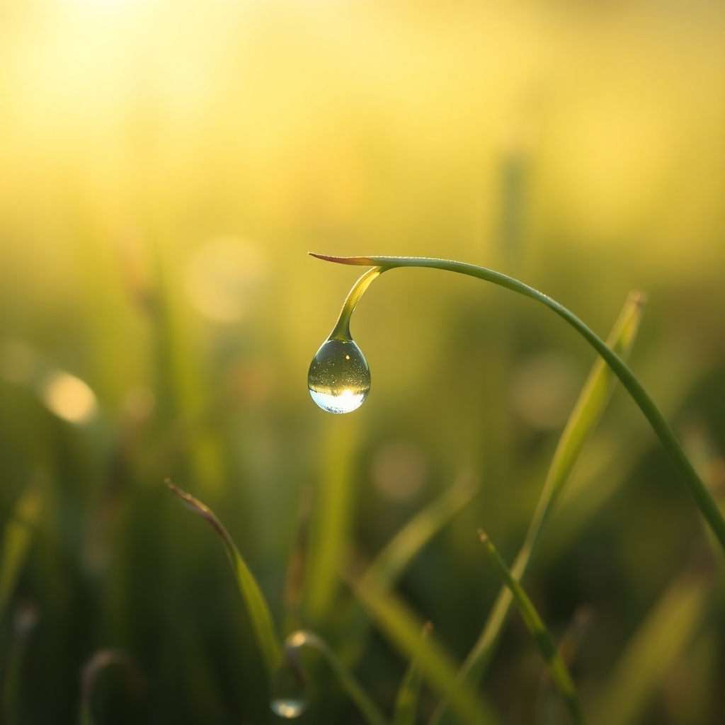 A photorealistic image of a dewdrop clinging to a blade of grass in a sunlit meadow, with soft focus on the background and sharp focus on the dewdrop, conveying a sense of peace and quietude.  The style should be reminiscent of macro photography, emphasizing the intricate details of nature. The overall mood should be calm and contemplative.