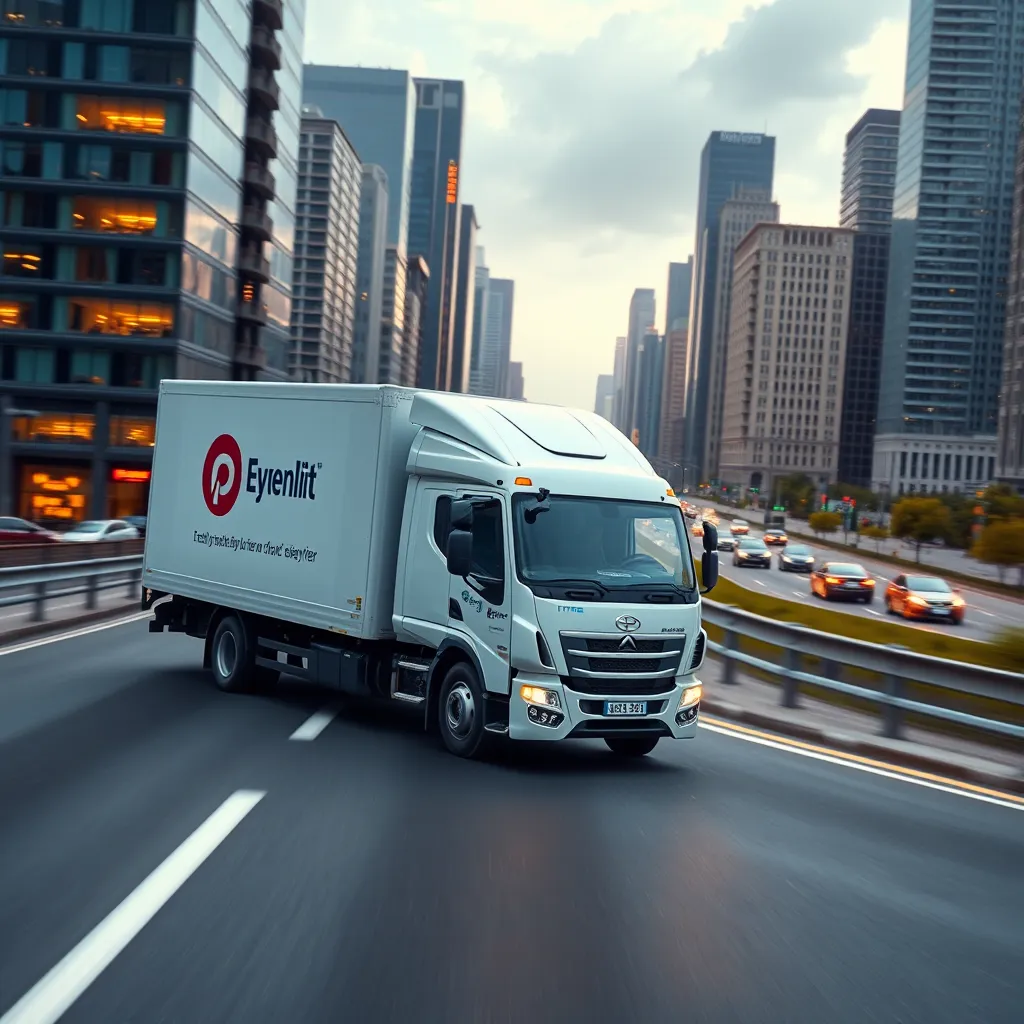 A photorealistic image of a delivery truck driving on a highway, showcasing a busy cityscape in the background. The truck should be branded with the company logo and have a clean and modern design. The image should convey a sense of speed, efficiency, and success.