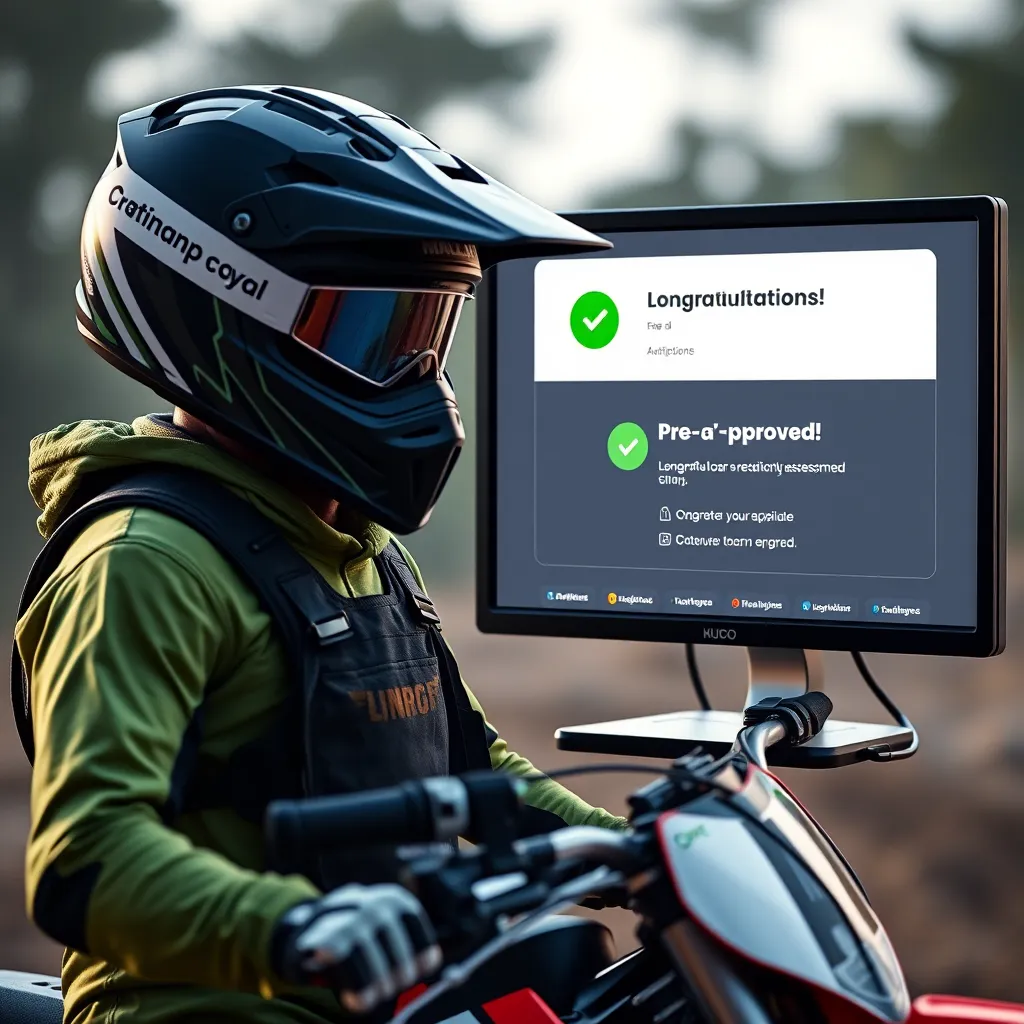  A photorealistic image of a dirt bike rider wearing a helmet and riding gear, standing next to a computer screen displaying a loan eligibility assessment tool. The screen should show a user-friendly interface with a green checkmark and the message 'Congratulations! You' re pre-approved.'