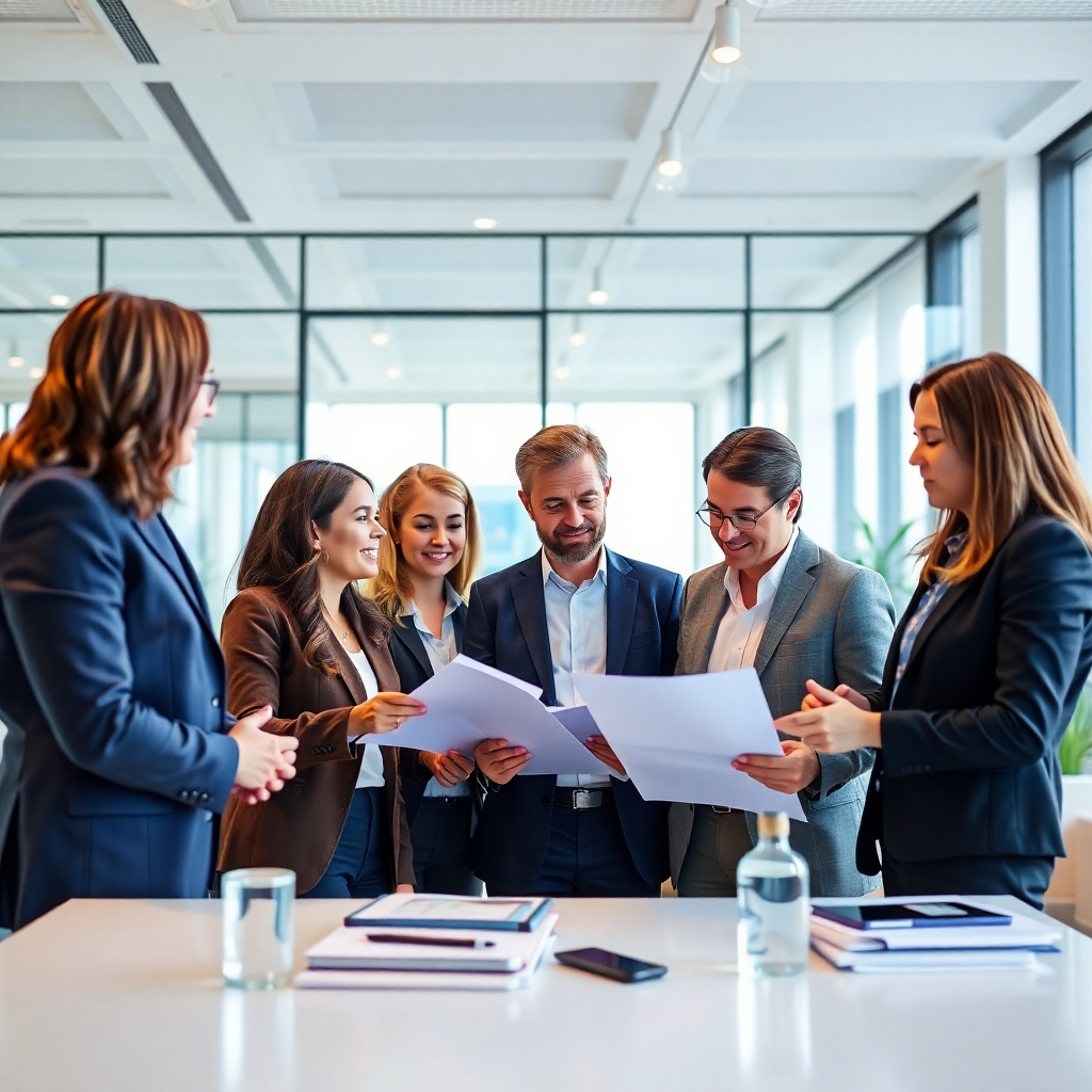 A photorealistic image of a diverse team of auditors collaborating in a modern office. The focus should be on their teamwork and attention to detail. The color palette should be professional and approachable.