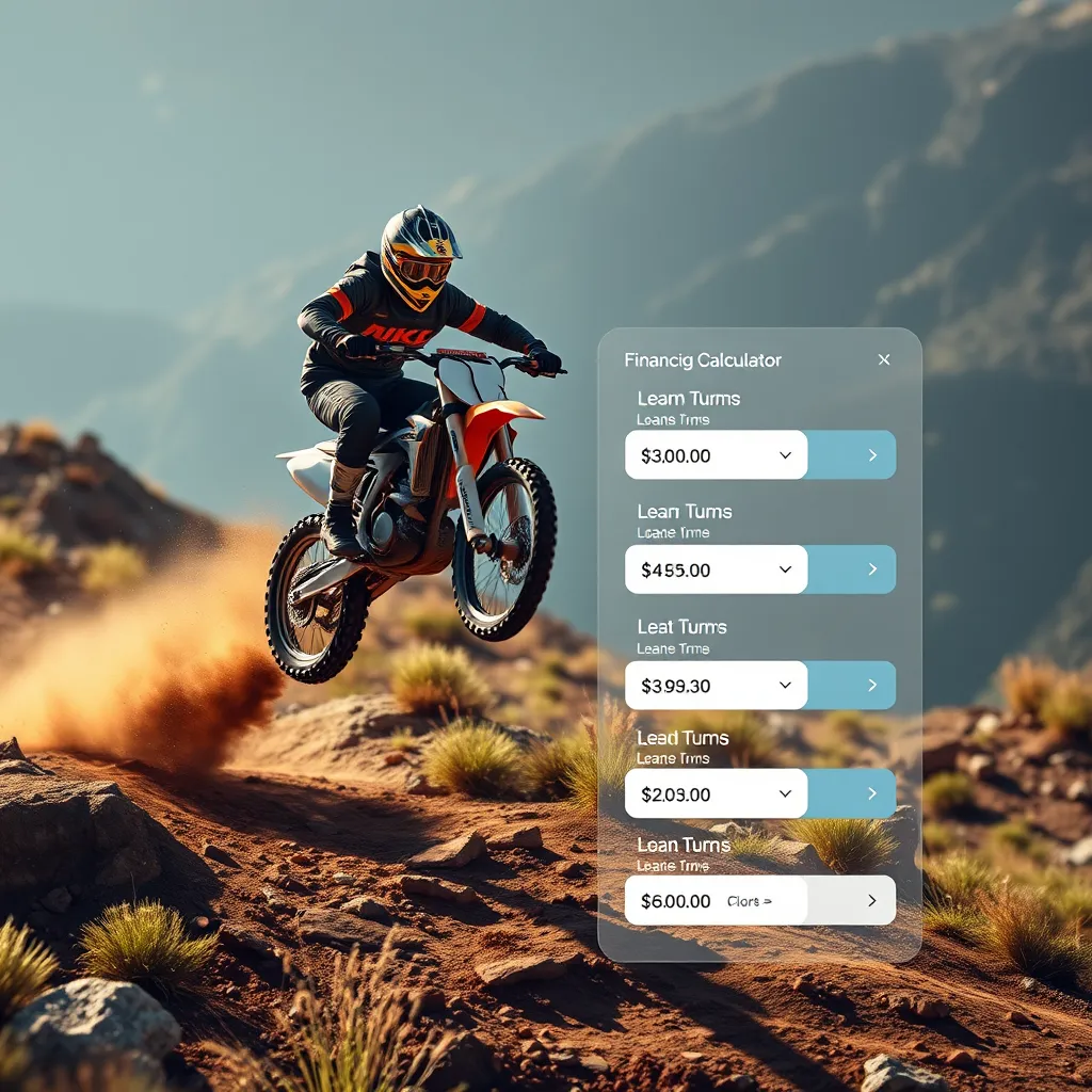  A photorealistic image of a dirt bike rider soaring through the air over a rugged trail, with a sleek, modern financing calculator interface overlaid on the image. The interface should display various loan terms and options, emphasizing the flexibility of the financing options.