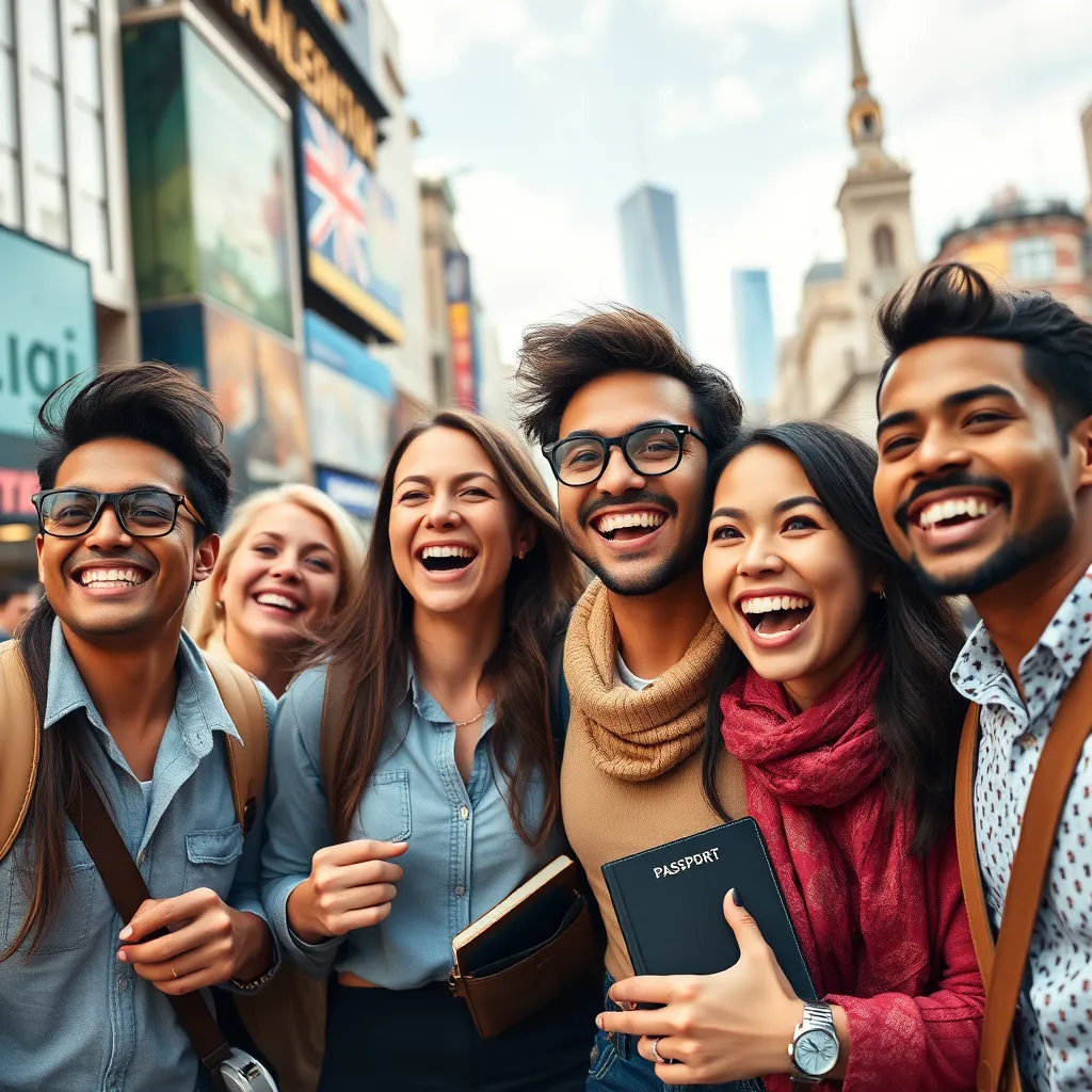 A photorealistic image of a diverse group of friends smiling and excitedly exploring a vibrant cityscape.  The background features iconic landmarks and bustling streets, showcasing the energy and adventure of travel.  Include a subtle visual element hinting at financial security, such as a travel insurance card or a passport nestled within a stylish wallet.