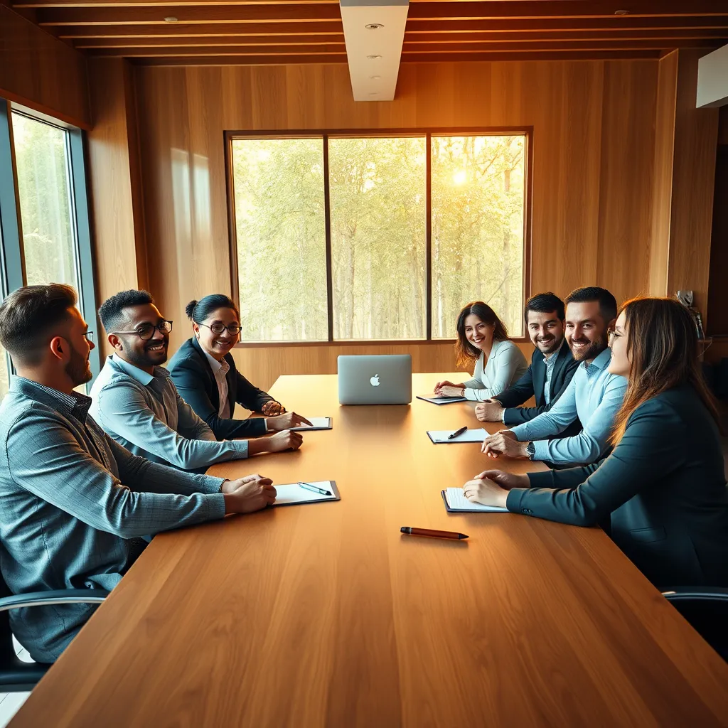 A photorealistic image of a diverse executive team, dressed in business casual attire, engaged in a lively discussion around a large, wooden table in a modern conference room. The room is bathed in warm, natural light streaming through large windows, creating a sense of openness and innovation. The table is adorned with a sleek notepad, pens, and a laptop, representing the focus on strategy and collaboration. The team members are seated in a relaxed and confident posture, with their eyes focused on each other, fostering a dynamic and positive atmosphere.  The image conveys a sense of energy, collaboration, and clarity, reflecting the transformative nature of the retreat experience. Render the scene in 8K resolution, with hyperrealistic details and a captivating color palette that evokes a sense of professionalism, creativity, and growth.