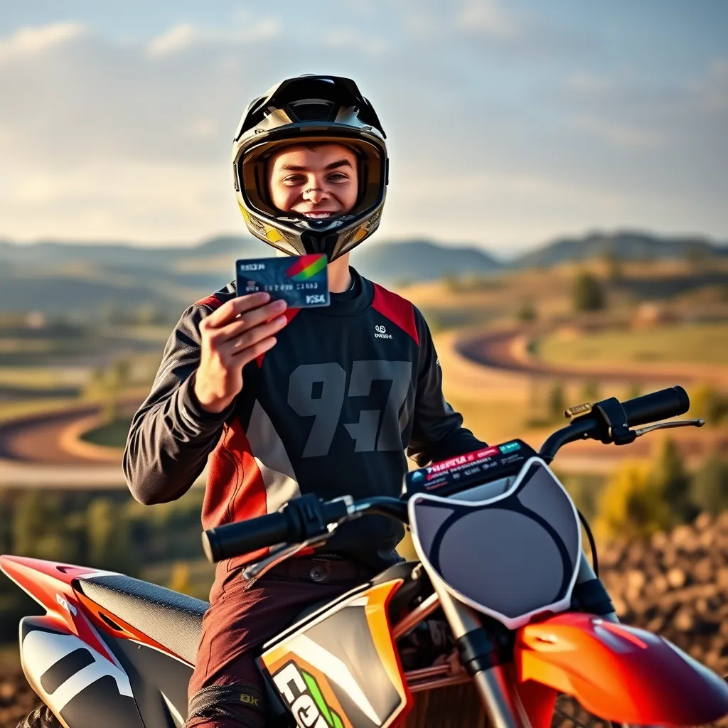  A photorealistic image of a dirt bike rider standing next to their bike with a credit card in hand. The rider should be wearing protective gear and smiling, with the credit card prominently displayed in their hand. The background should be a scenic landscape with a dirt bike track in the distance.