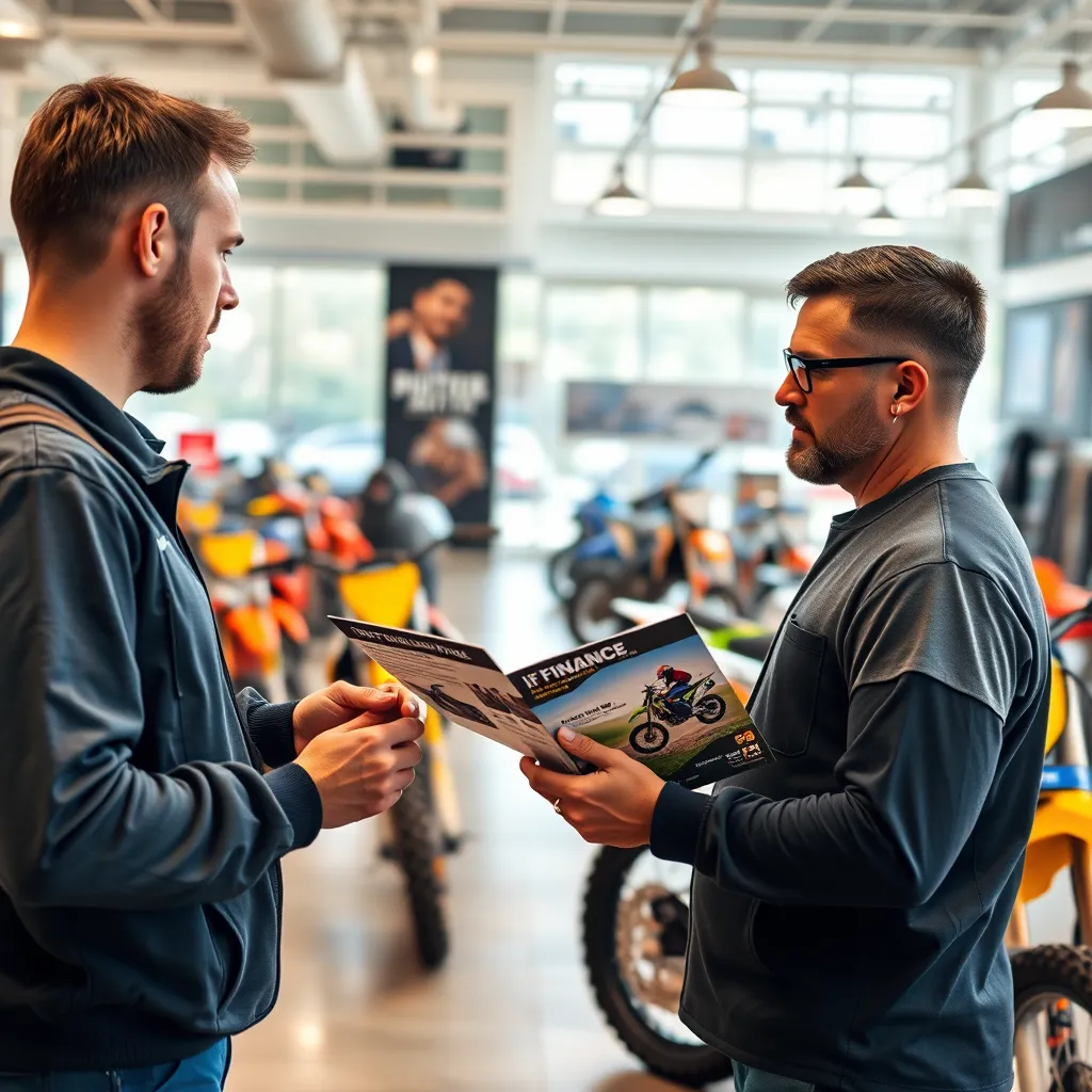  A photorealistic image of a dirt bike dealership showroom with a salesperson talking to a customer about financing options. The customer should be looking at a brochure with a dirt bike on the cover. The background should be a bright, well-lit showroom with several dirt bikes on display.