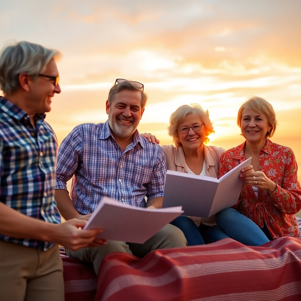 A photorealistic image of a family confidently planning their retirement. The background should be a serene and aspirational scene, like a beach at sunset.