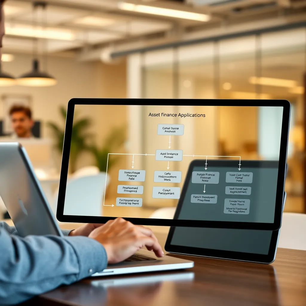 A photorealistic image of a finance broker using a laptop to input data, with a digital tablet displaying a simplified flowchart of the asset finance application process. The background shows a modern office space with a friendly and welcoming atmosphere.