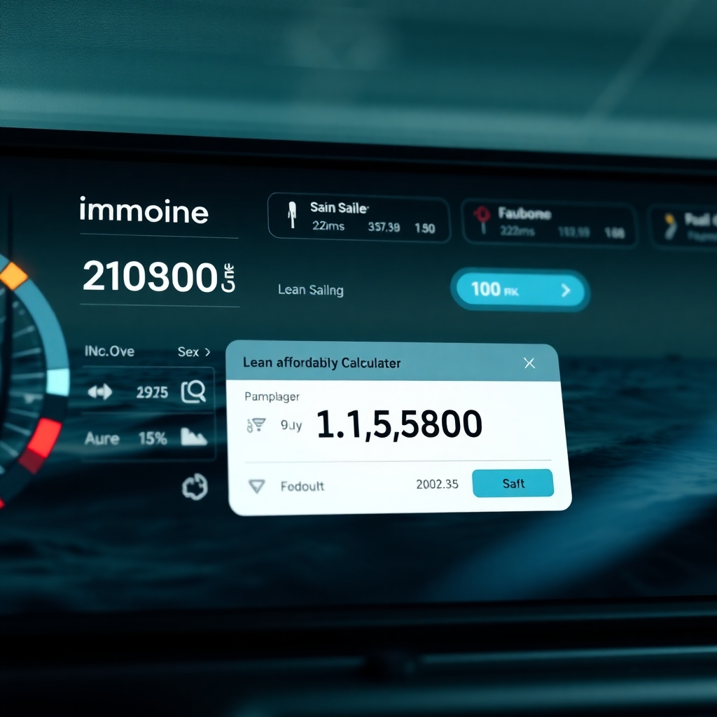 A photorealistic image of a financial dashboard showing income, expenses, and a loan affordability calculator. The calculator displays a maximum loan amount suitable for buying a trailer sailer.  The background should subtly include imagery related to sailing or personal finance, conveying a balance between lifestyle and financial responsibility.