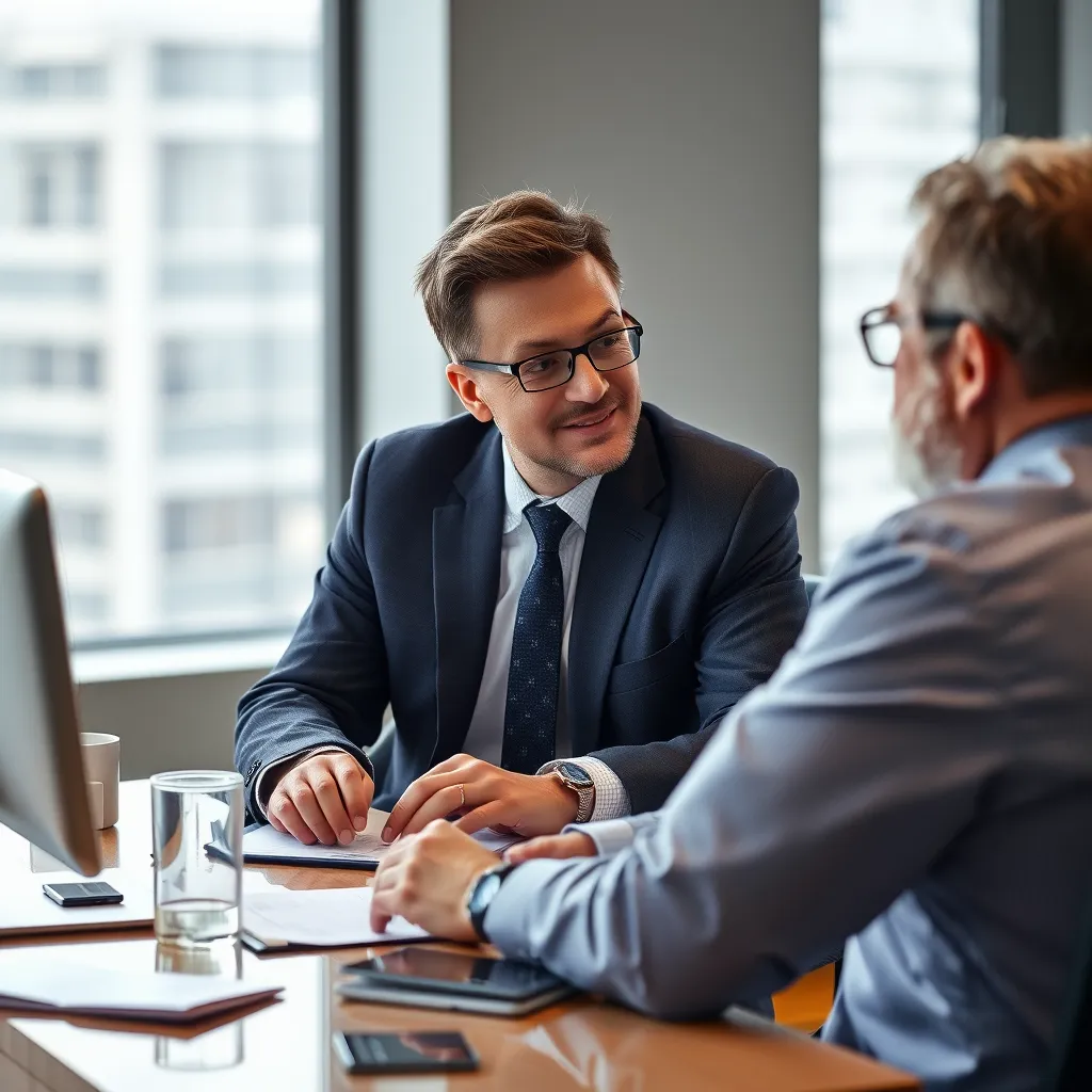 A photorealistic image of a finance broker sitting at a desk, discussing financing options with a business owner. The image conveys a sense of trust, collaboration, and expertise, with a supportive and professional environment.